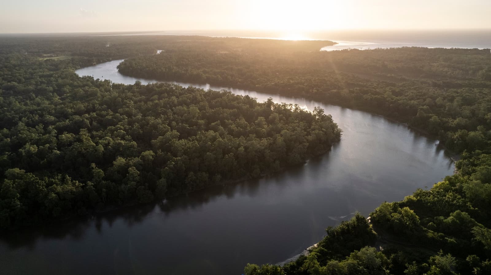 Cinque giorni, un fiume, e una chioma che non finisce mai. Photo: Anderson Coelho Veduta aerea di un ampio fiume dalle acque scure che serpeggia attraverso una fitta foresta tropicale al tramonto dorato, con la luce calda all'orizzonte dove il fiume si incontra con uno specchio d'acqua più grande — il paesaggio percorso dalla La Jangada Amazon Cruise.