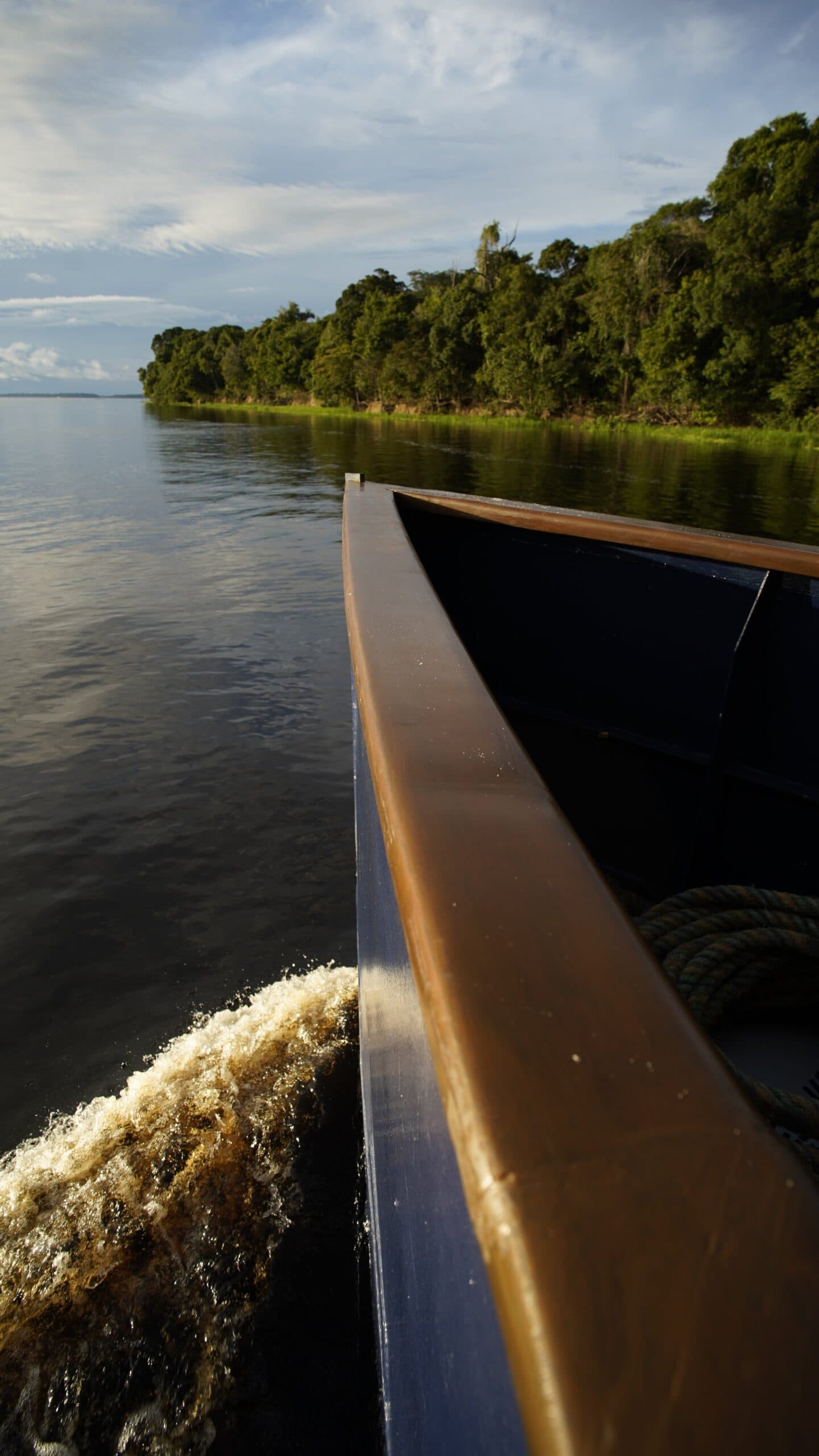 Il motore parte, la foresta si avvicina, la città scompare. Vista dalla prua di una barca in legno durante la crociera La Jangada in Amazzonia, sulle acque scure del fiume con fitta foresta pluviale lungo la sponda opposta