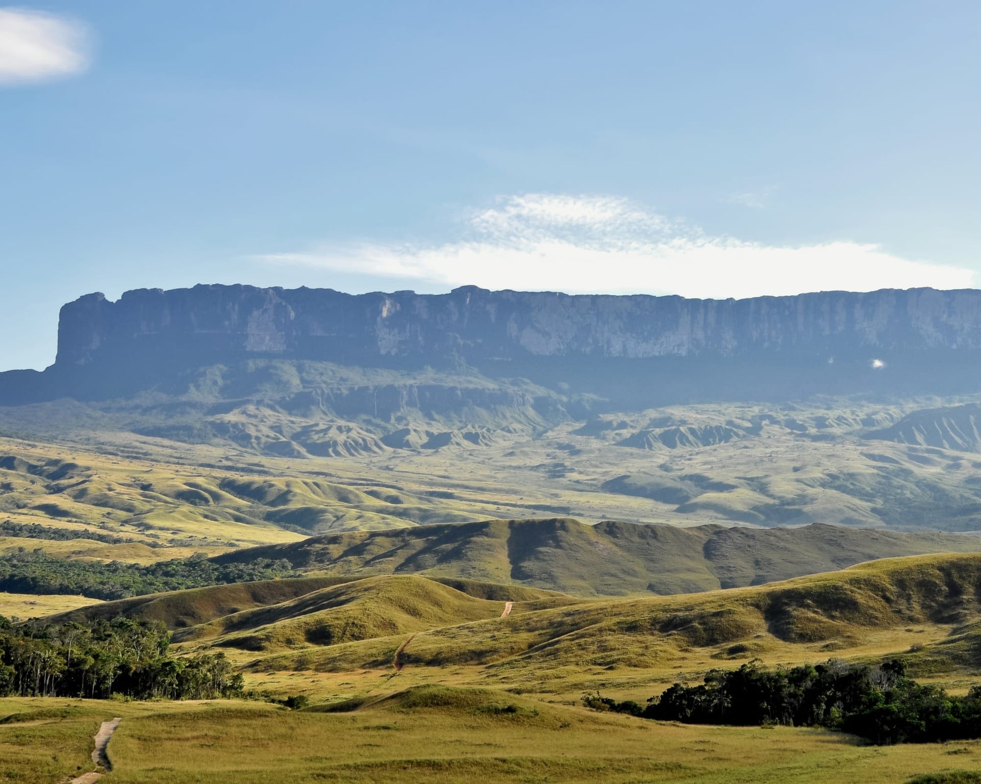 Mount Roraima's flat-topped tepui rising above the green Gran Sabana savanna in Venezuela Mount Roraima's flat-topped tepui rising above the green Gran Sabana savanna in Venezuela
