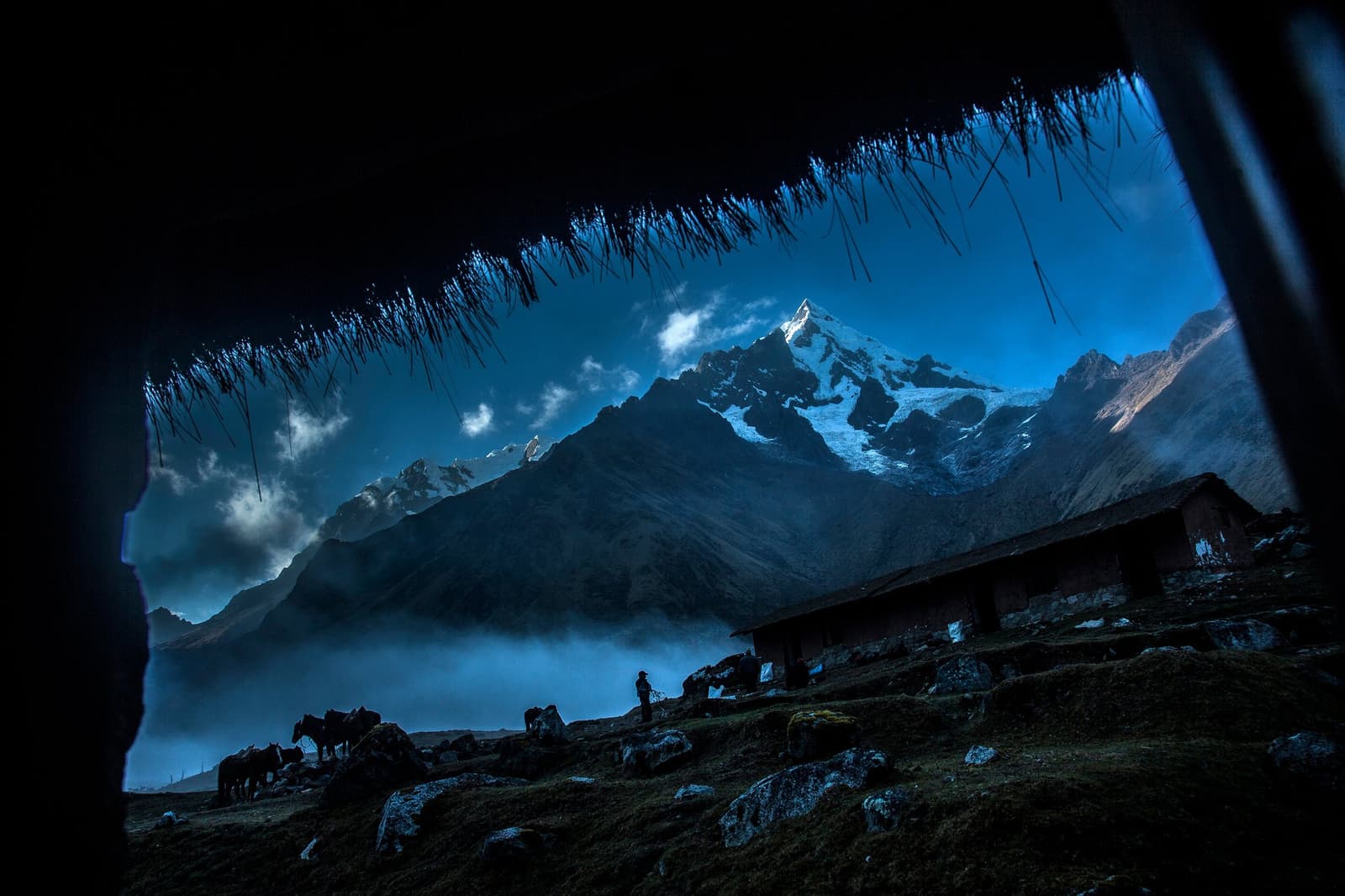 Camp life at altitude: horses resting, mist rolling in, and that peak keeping watch. View through a thatched shelter opening on the salkantay tour, with horses and a lone figure silhouetted against mist, a stone hut, and a snow-capped Andean peak rising under a deep blue sky