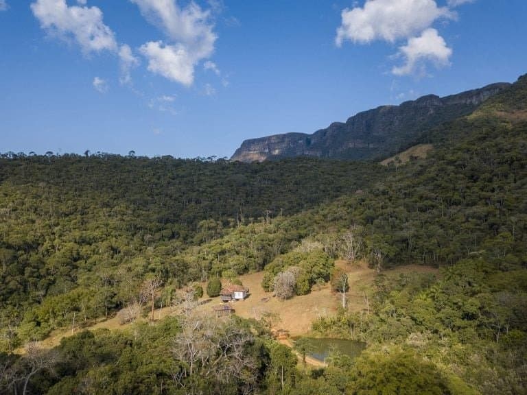 Ein Gehöft, ein Teich und der Wald, der beide fest im Blick behält. Luftaufnahme eines kleinen Gehöfts und Teichs in einer Waldlichtung, umgeben vom dichten Blätterdach des Atlantischen Regenwaldes und einem tafelbergartigen Felsvorsprung unter blauem Himmel im Ibiti-Project-Reservat in Minas Gerais