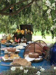 Bio, frisch vom Hof, und unter Bäumen gegessen. So fängt ein guter Tag an. Ein schattiger Außentisch mit Broten, Gebäck, Tropenfrüchten und Säften beim Frühstück im Ibiti Project in Minas Gerais