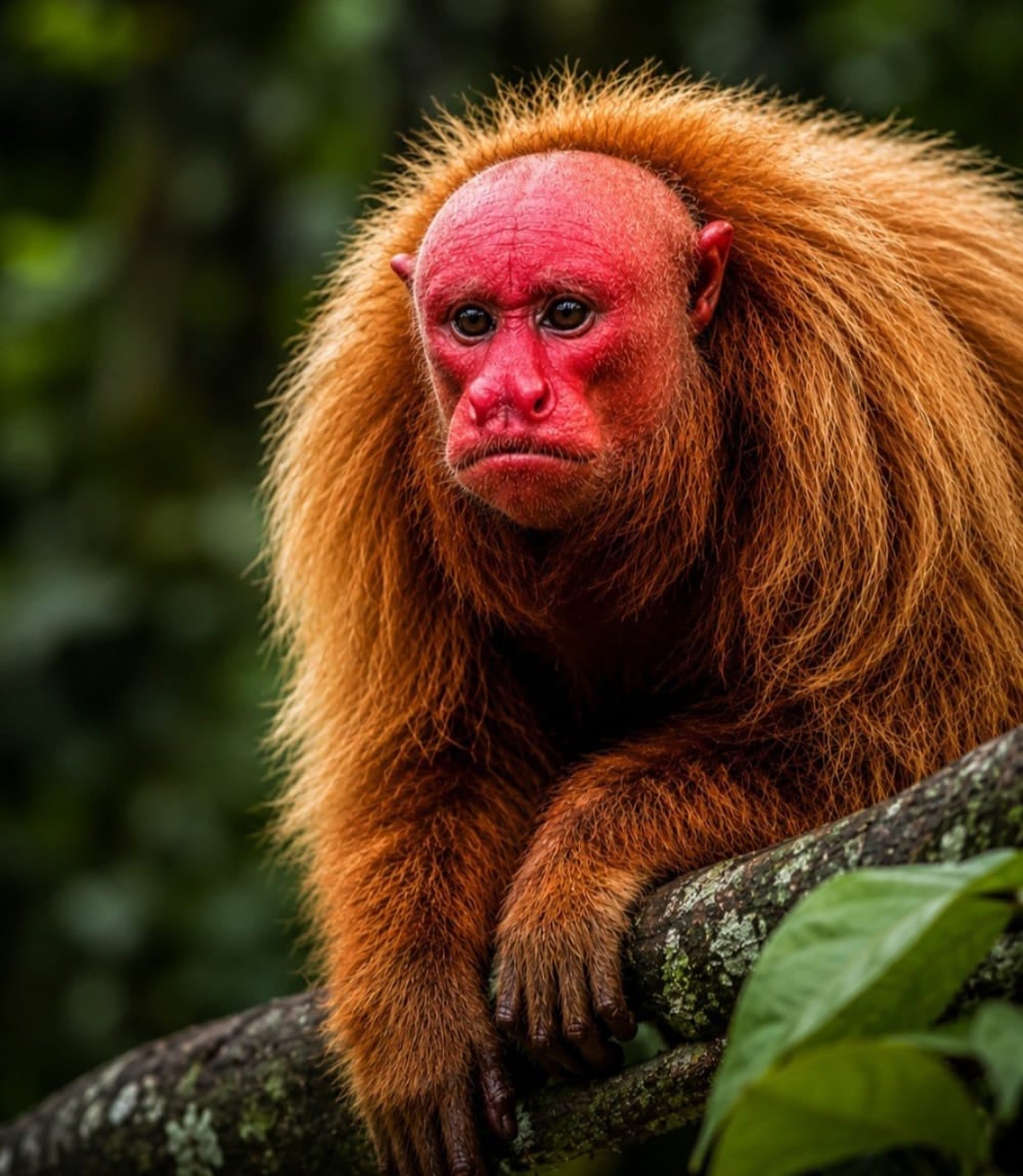 @planetraw.my White uakari monkey with a bright red face and long orange fur resting on a branch in the Mamirauá Reserve