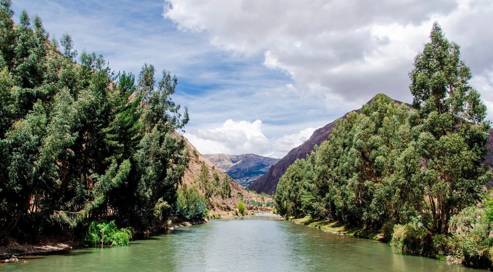 The river knows the way. You just follow it. A calm green river winds through a narrow Andean valley flanked by eucalyptus trees and steep rocky hillsides on an andes trek in Peru, with cumulus clouds building above mountain peaks in the distance
