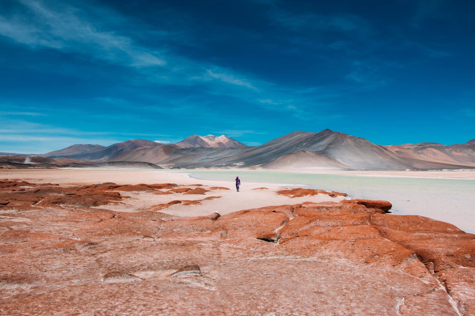 Small figure, enormous silence. The Andes put things in perspective fast. Photo: Piedras Rojas A lone traveler stands on the white salt flat of Piedras Rojas, framed by red volcanic rocks in the foreground and snow-dusted Andean peaks under a deep blue sky — a defining scene of any atacama desert tour package