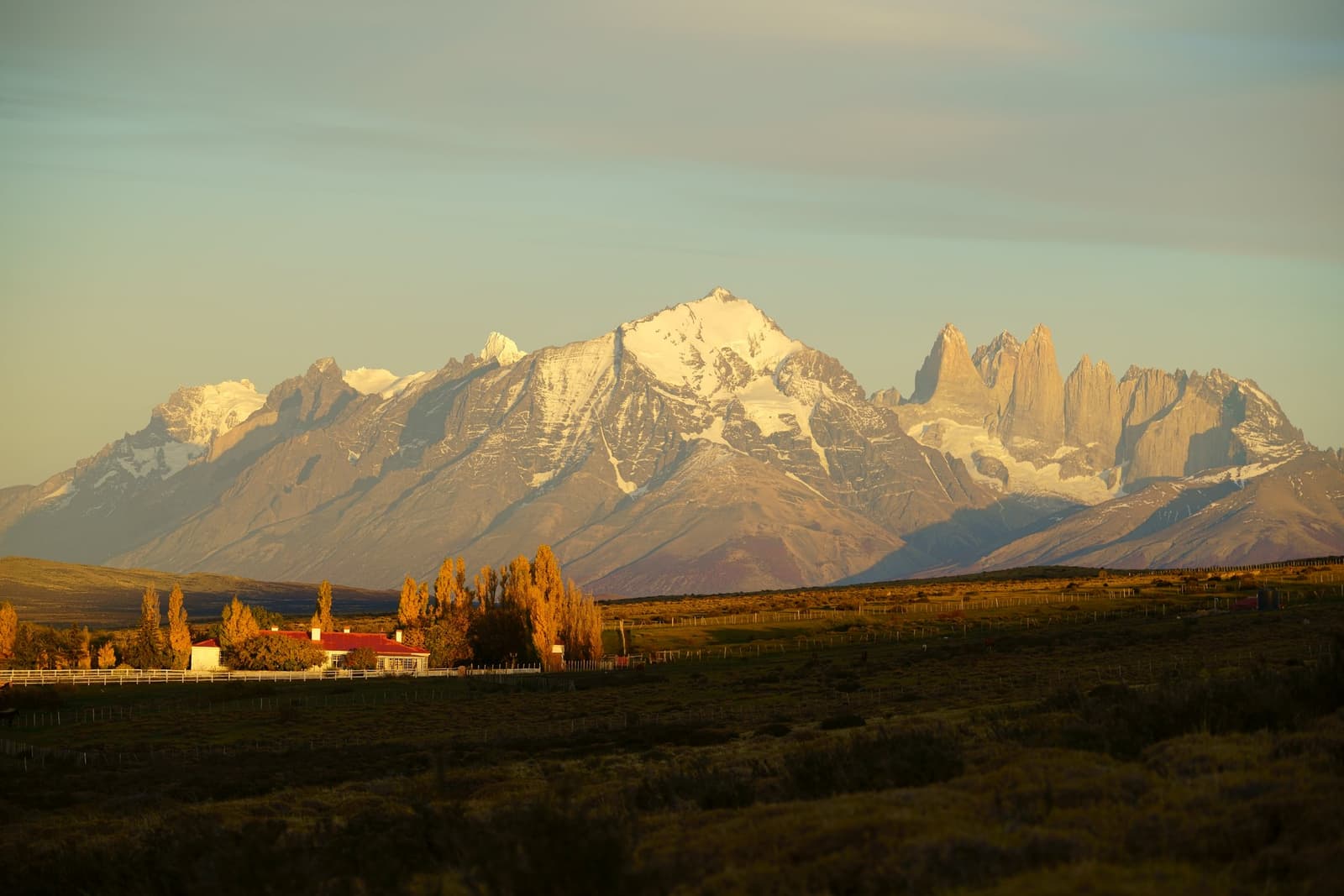 The ranch keeps its back to the wind and its face to the towers. Good arrangement. Golden-hour light falls across the Patagonian steppe in front of Estancia Cerro Guido, with a white farmhouse and red-roofed outbuilding nestled among autumn-yellow poplars and the snow-capped granite towers of the Paine Massif rising sharply behind