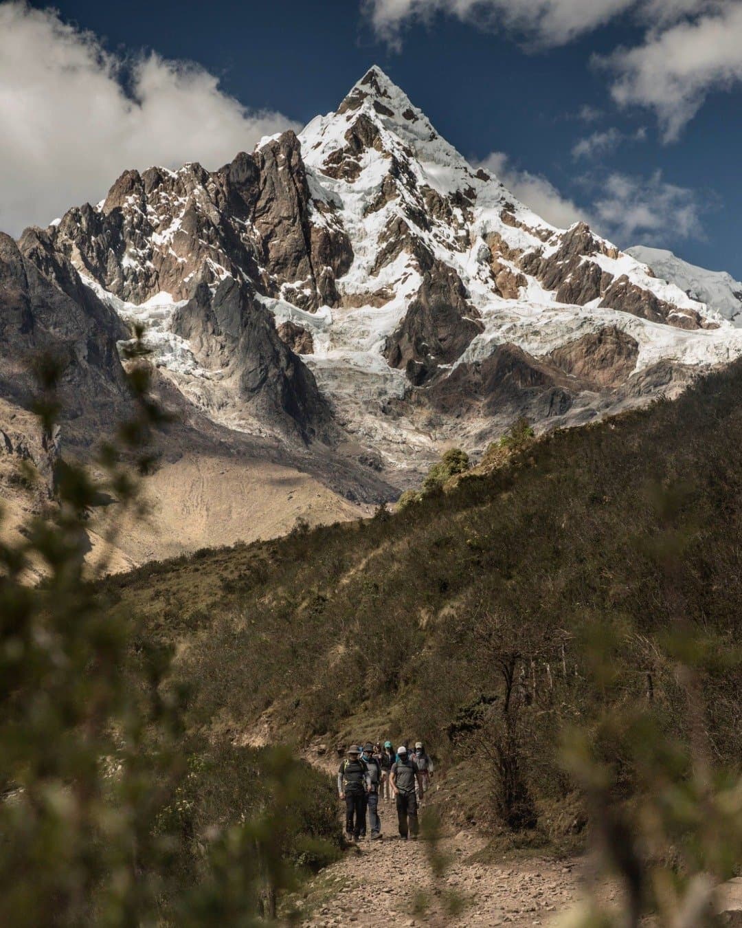 The mountain makes itself very clear about who is in charge here. A small group of hikers walks a rocky trail on the salkantay hike, with a towering snow-capped Andean peak rising sharply above green shrub-covered slopes under a deep blue sky