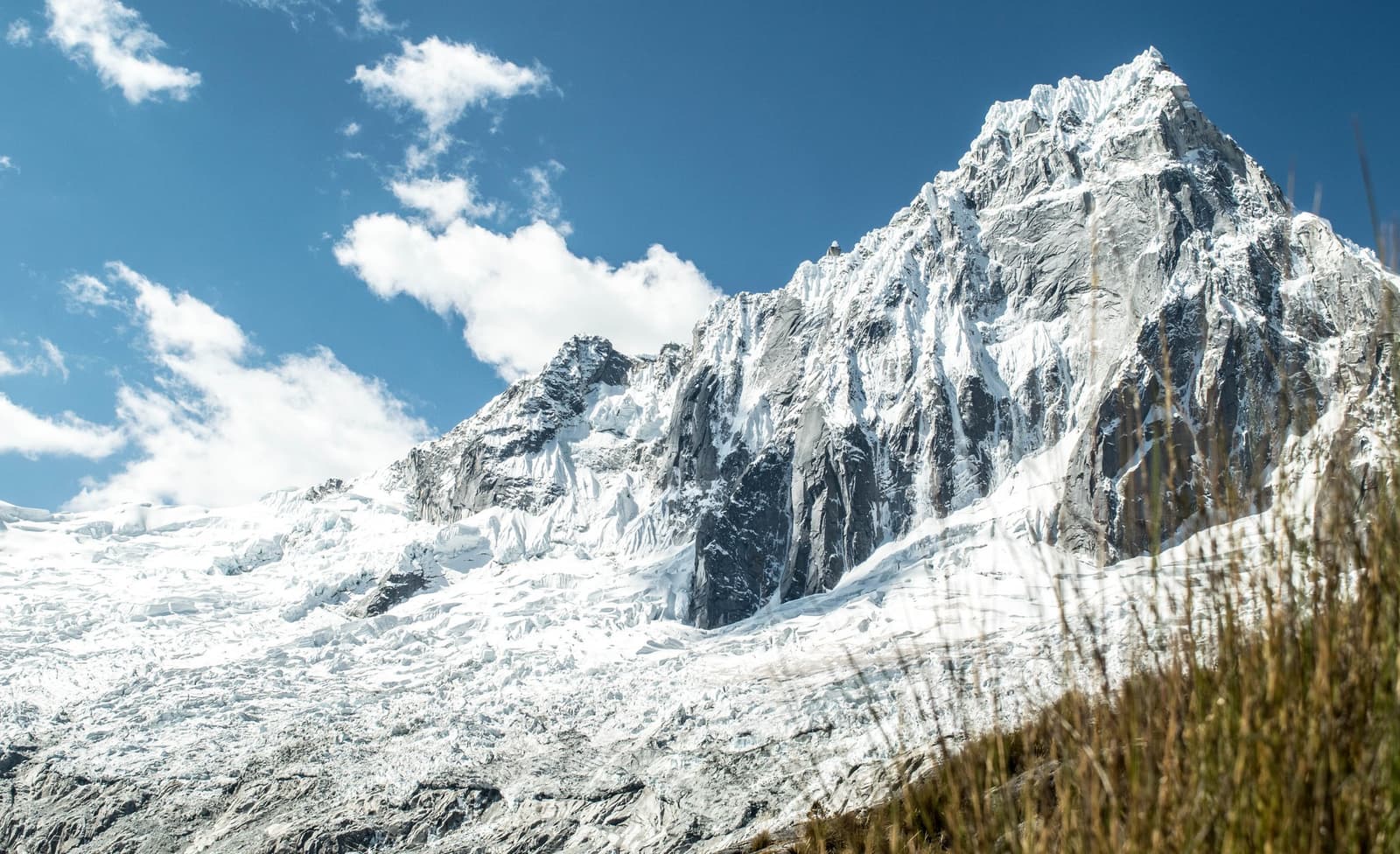 Ice this close, air this thin. Worth every step. A heavily glaciated rocky mountain peak rises sharply above a fractured icefall and dry puna grasses in the foreground, seen on the santa cruz trek under a vivid blue sky with scattered clouds