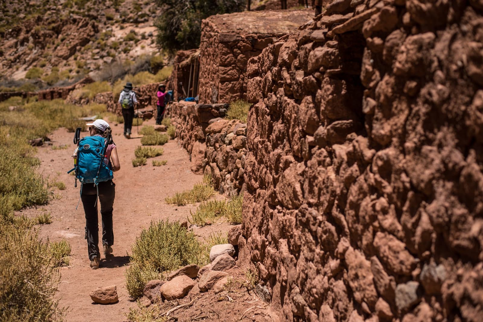 Die oude muren hebben al heel wat wandelaars zien passeren. Nu ben jij aan de beurt. Drie wandelaars met rugzakken lopen over een zandpad langs oude rode stenen muren tijdens de Atacama Desert Trek, met schaarse woestijnvegetatie en rotsachtige cañonhellingen op de achtergrond.