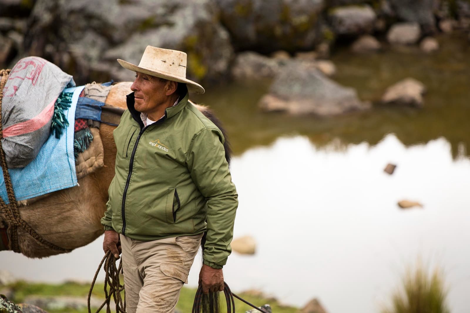 The horses carry the heavy stuff. He just knows every stone on this route. An arriero in a wide-brimmed hat and green jacket leads a loaded pack horse along the shore of a rocky high-altitude lake on the ausangate trek, rope in hand