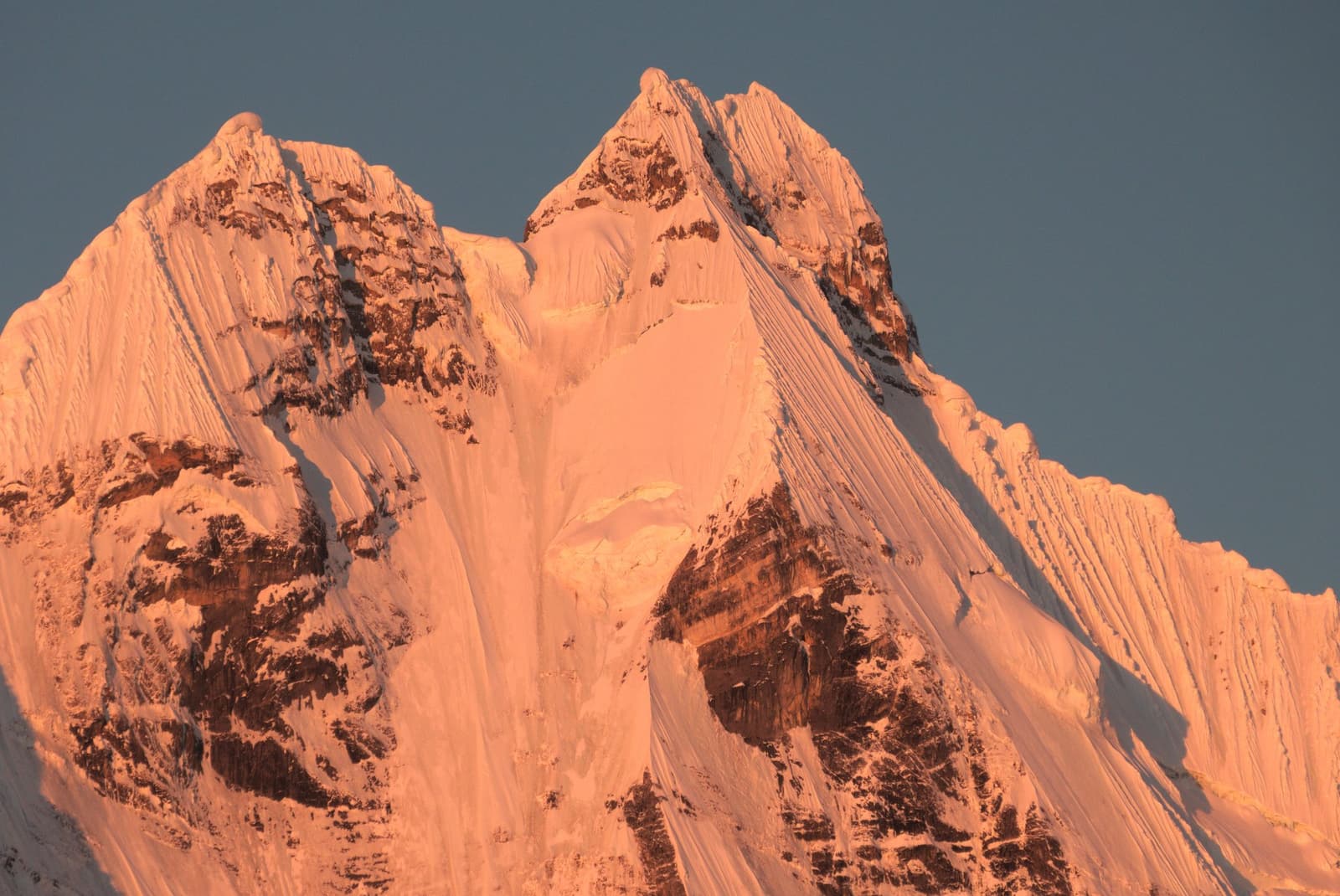 That warm flush of color on cold rock, the mountains earn it every single morning. Snow-covered peaks of the Cordillera Huayhuash glowing deep orange and pink under alpenglow at sunrise, with steep glaciated ridgelines and exposed rocky faces against a clear blue-grey sky on the huayhuash circuit
