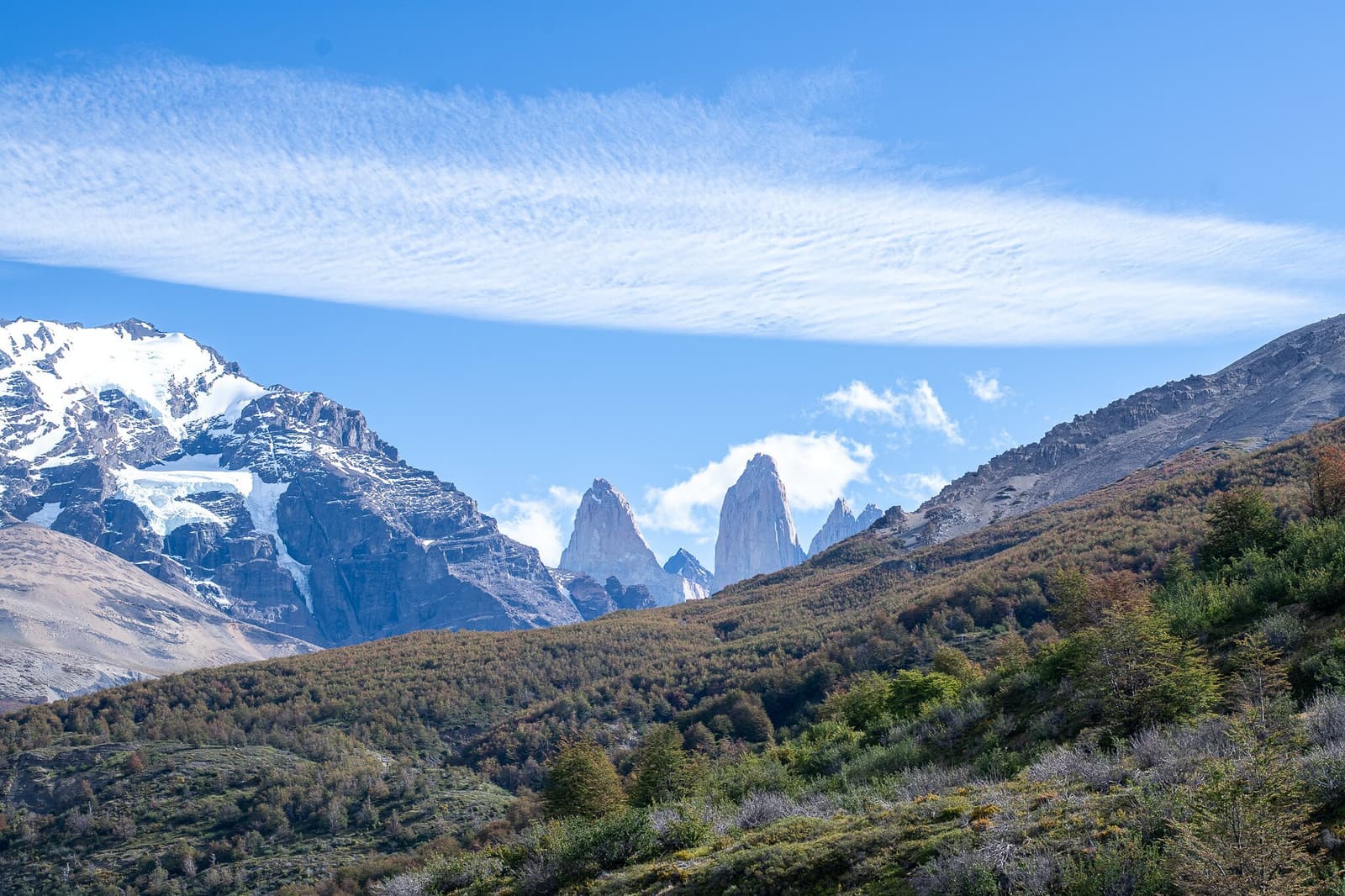 The massif keeps revealing itself, one valley at a time. Wide valley view on the O trek in Patagonia showing sharp granite spires rising behind rolling autumn-toned lenga forest, with snow-capped peaks and a glacier visible to the left under a blue sky streaked with cirrus clouds