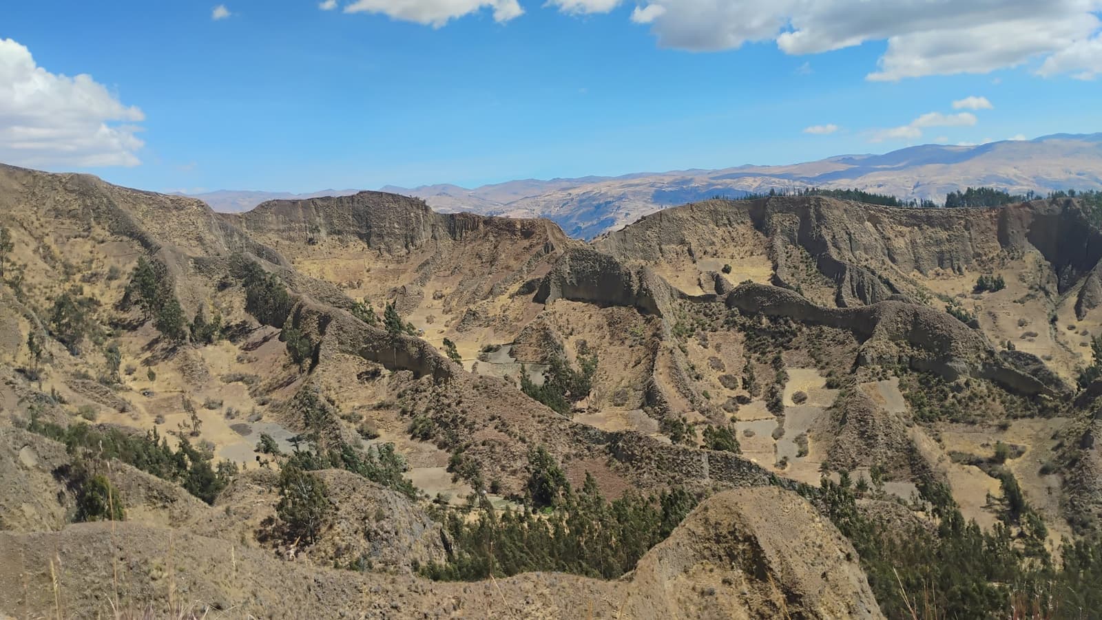 A terra aqui levou séculos para ganhar essa forma. E a subida de verdade ainda está por vir. Vista ampla de um canyon de alta altitude profundamente erodido na rota de aclimatação do trek de Santa Cruz, com cristas ocre e marrom, arbustos e pequenas árvores espalhados e a cordilheira andina sob um céu azul vivo.