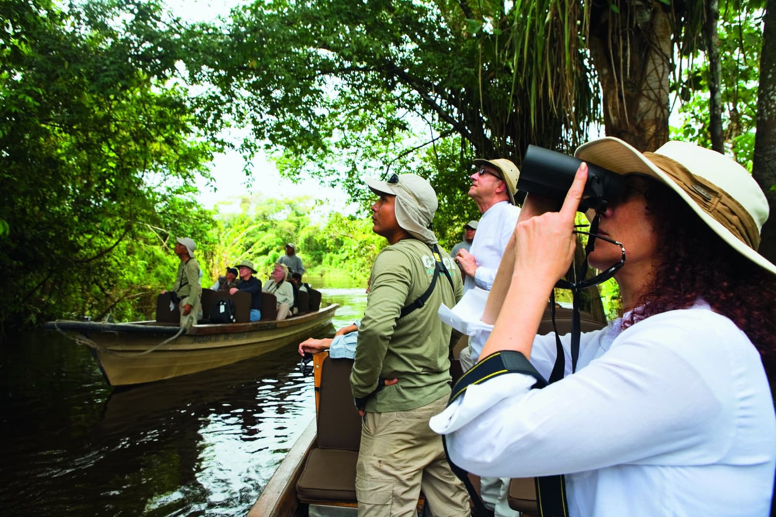 Binoculars up, everyone scanning, and the guide already spotted it first. Guests on an aria amazon cruise skiff scan the flooded forest canopy with binoculars while a naturalist guide points out wildlife along a narrow jungle waterway, with a second skiff of passengers visible behind
