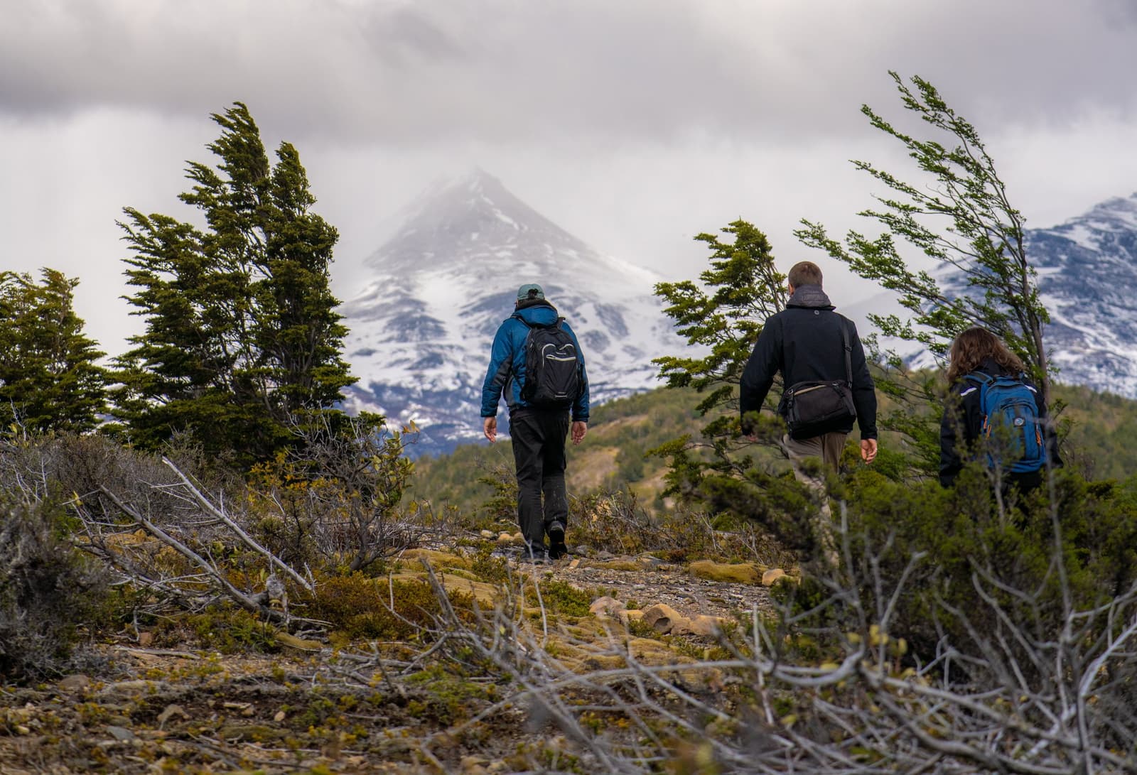 Wind bending the trees, a peak straight ahead, and nobody looking back. Photo: Patagonia Camp Three hikers with backpacks walk a rocky trail at Patagonia Camp toward a snow-dusted pyramidal peak, with wind-bent southern beech trees on either side under a cloudy sky