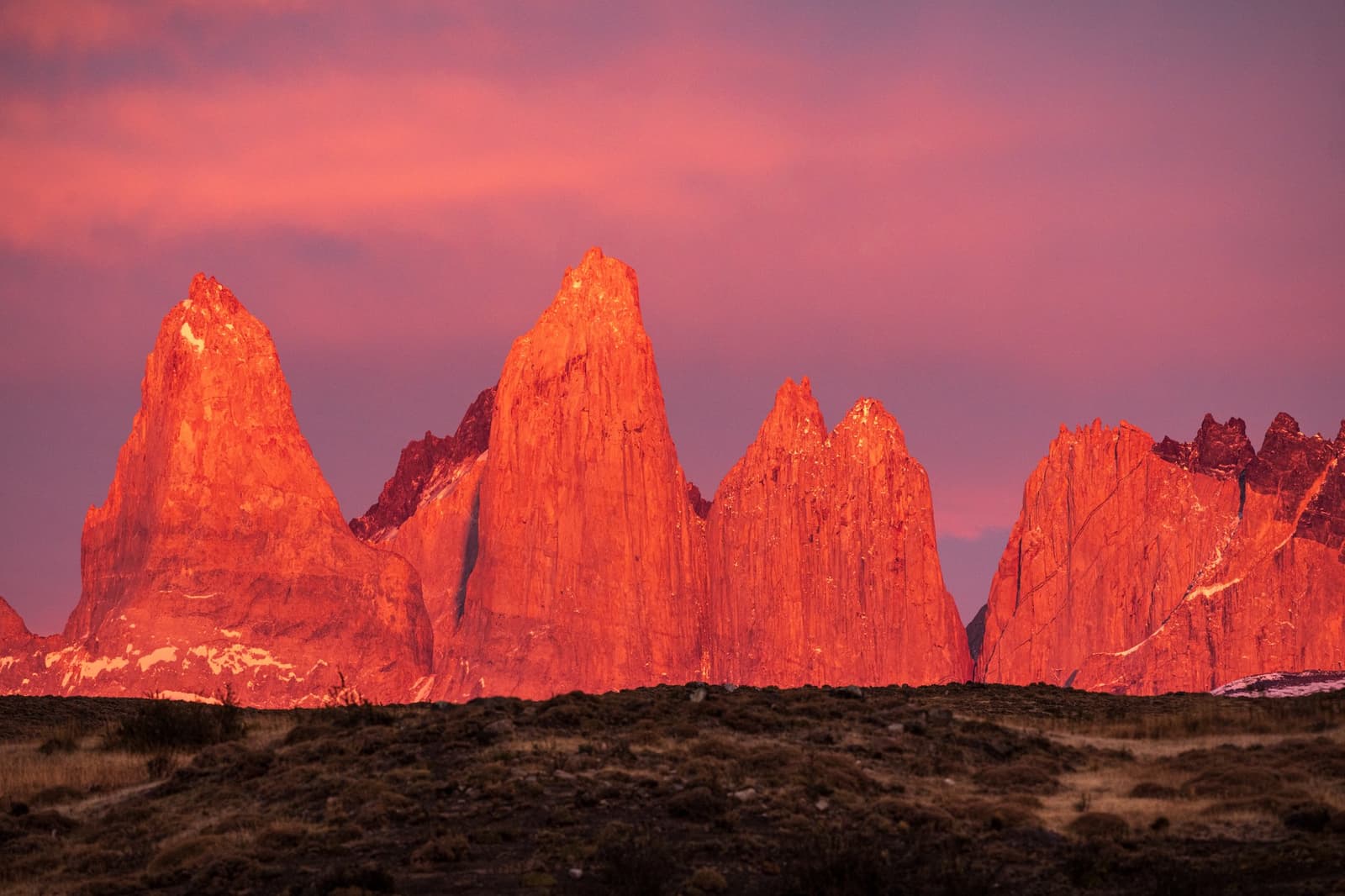 Rock on fire, sky going pink. Worth the early alarm. Jagged granite towers of Torres del Paine glowing deep red and orange under a pink alpenglow sky, seen from open Patagonian scrubland on the self-guided W Trek