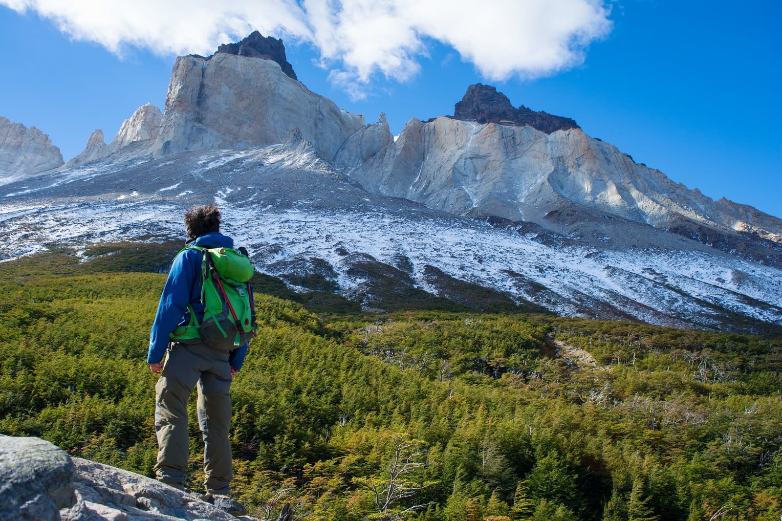 Somewhere in that valley, lunch is still a rumour. A hiker with a green backpack stands on a rock looking up at massive granite peaks dusted with snow during the short W trek, with a dense beech forest filling the valley below under a vivid blue sky.
