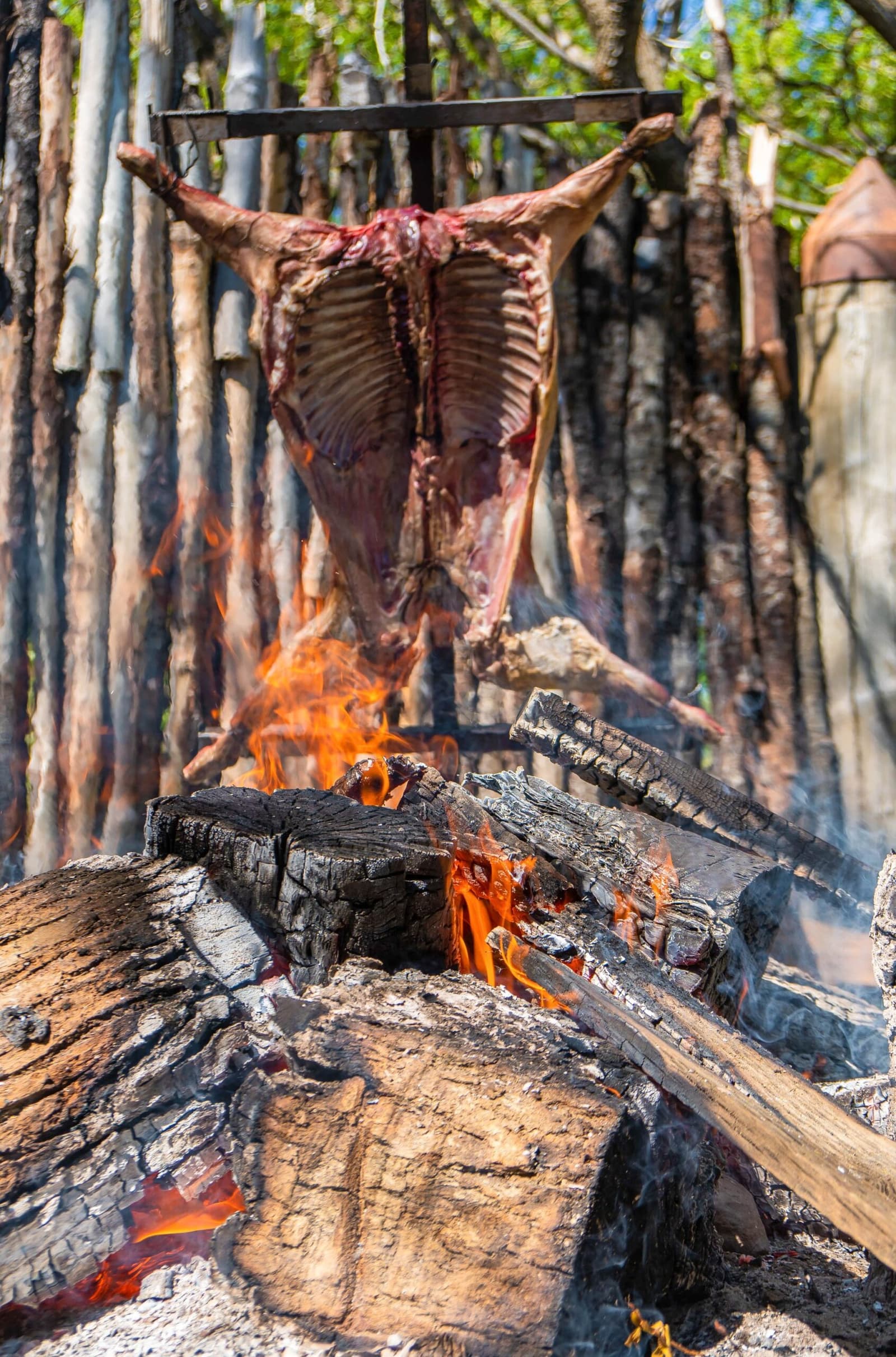 Slow fire, open sky, no shortcuts. This is how the estancia has done it for generations. A whole lamb carcass butterflied open and hung on an iron rack over a large wood fire at estancia cerro guido, with a rustic wooden post fence visible in the background