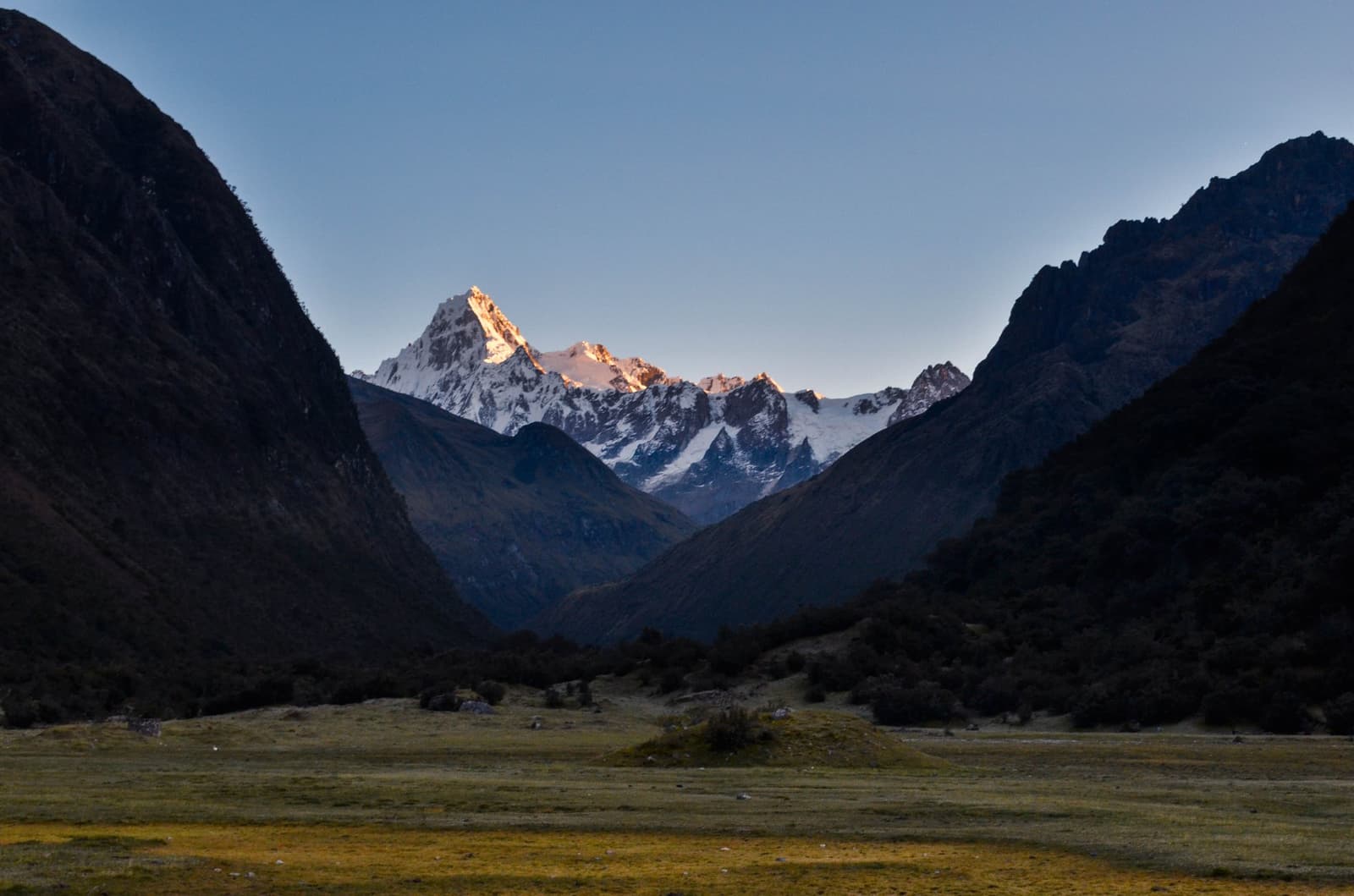 First light hits the summit while the valley floor is still deciding what temperature it wants to be. A snow-capped glacial peak catches warm alpenglow at sunrise, framed by dark valley walls and a flat grassy meadow on the santa cruz trek in the Cordillera Blanca