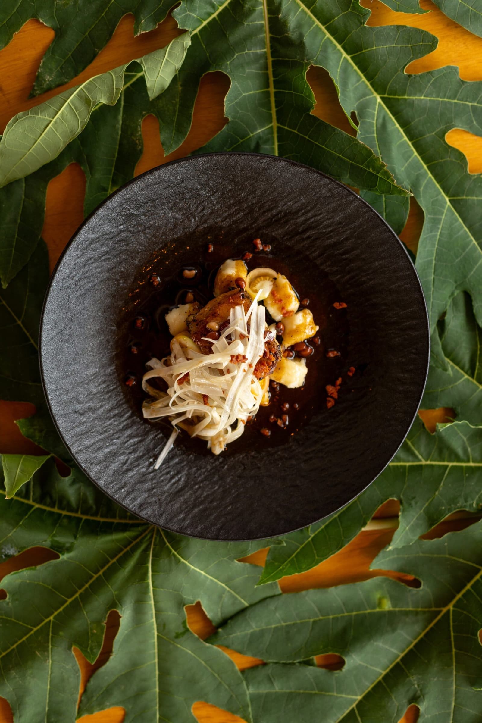 Prato pequeno, sabor de muita profundidade, a cozinha fala sério. Vista de cima de um prato de fine dining do cruzeiro Delfin Amazon: vieiras seladas e pedaços macios em um caldo escuro profundo com legumes em julienne, servidos em uma tigela preta fosca sobre grandes folhas tropicais