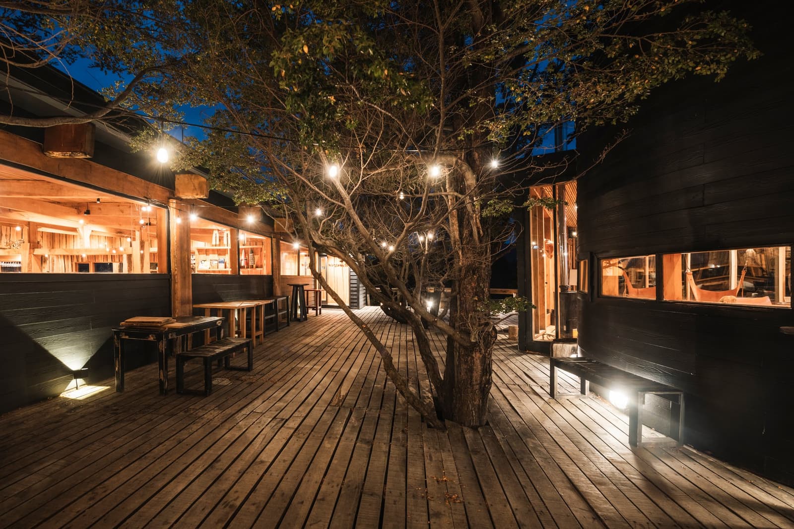 String lights, a living tree, and the bar already open. Tonight is sorted. Photo: Patagonia Camp Patagonia Camp's wooden outdoor deck at night, with string lights draped through a native tree, warm-lit bar and dining area to the left, and dark timber cabin facades under a deep blue dusk sky