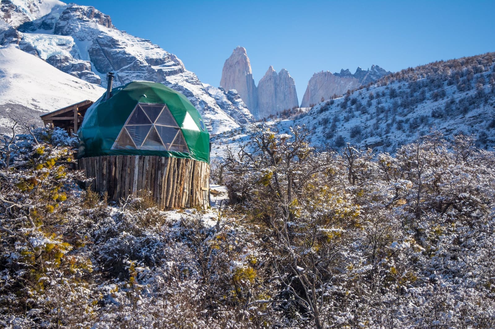 Patagonia dropped a fresh coat of snow, and the dome didn't even flinch. Photo: Suite Dome A green geodesic dome with a log base sits among snow-dusted shrubs on a torres del paine 4 day all inclusive tour, with the iconic granite towers rising sharply against a clear blue sky in the background