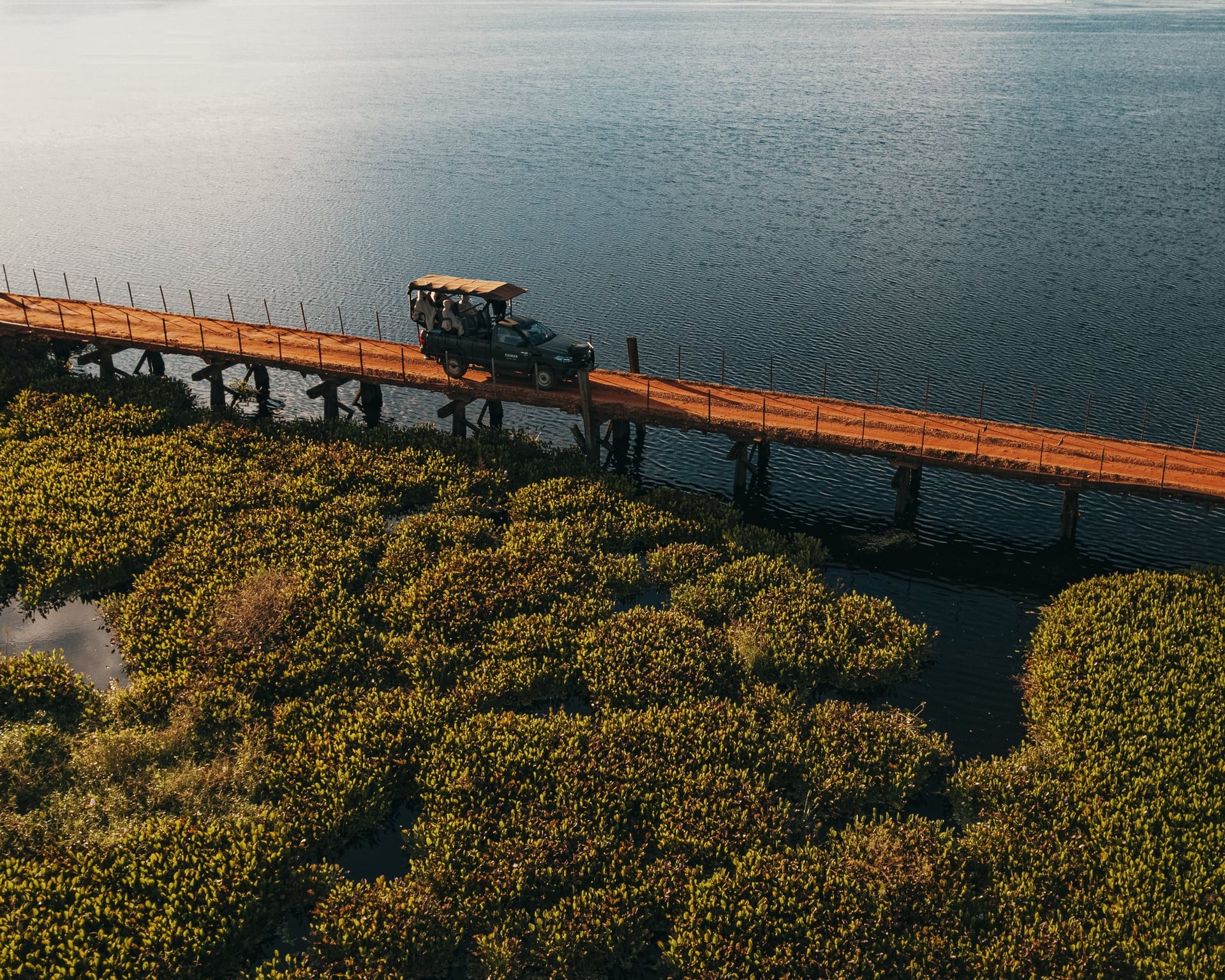 Open safari vehicle crossing a wooden bridge over the bay at Caiman Ecological Refuge in the South Pantanal Open safari vehicle crossing a wooden bridge over the bay at Caiman Ecological Refuge in the South Pantanal