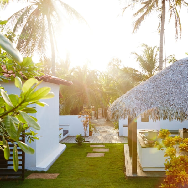 Zonnig pad langs witte chalets met strooien daken bij een Braziliaanse ecolodge.
