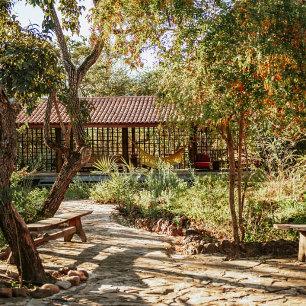 Stenen pad leidt door een weelderige tuin naar een schaduwrijke rustplaats met hangmatten.